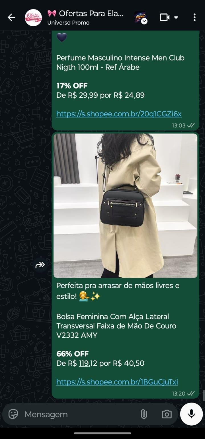 Mensagem no WhatsApp com foto de uma bolsa, descrição, preço e link da Shopee.