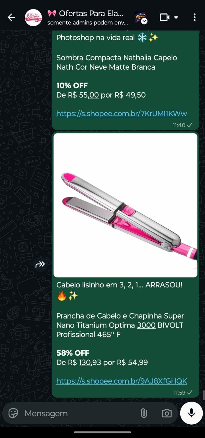 Oferta de uma chapinha no WhatsApp, com imagem, preço e link para a loja.