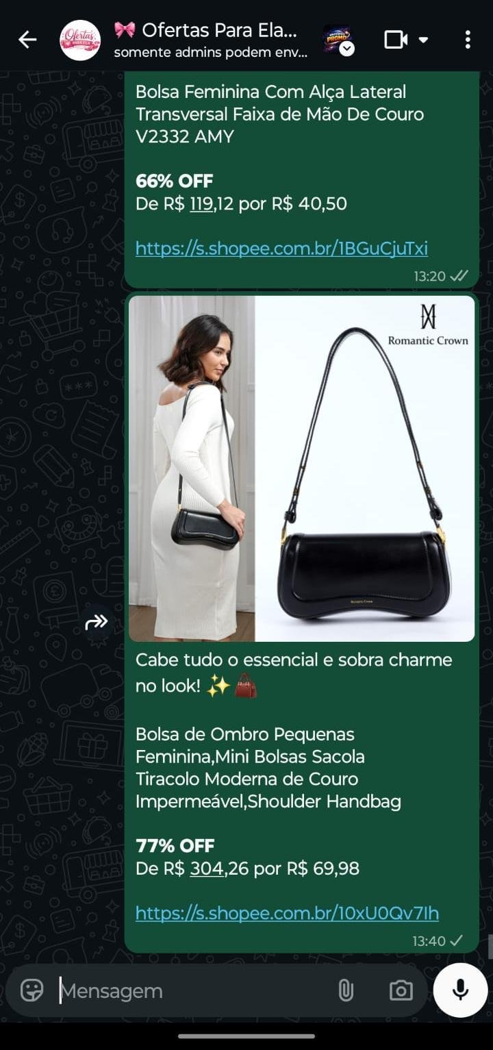 Publicação de uma bolsa no grupo, com foto, descrição e link de afiliado.