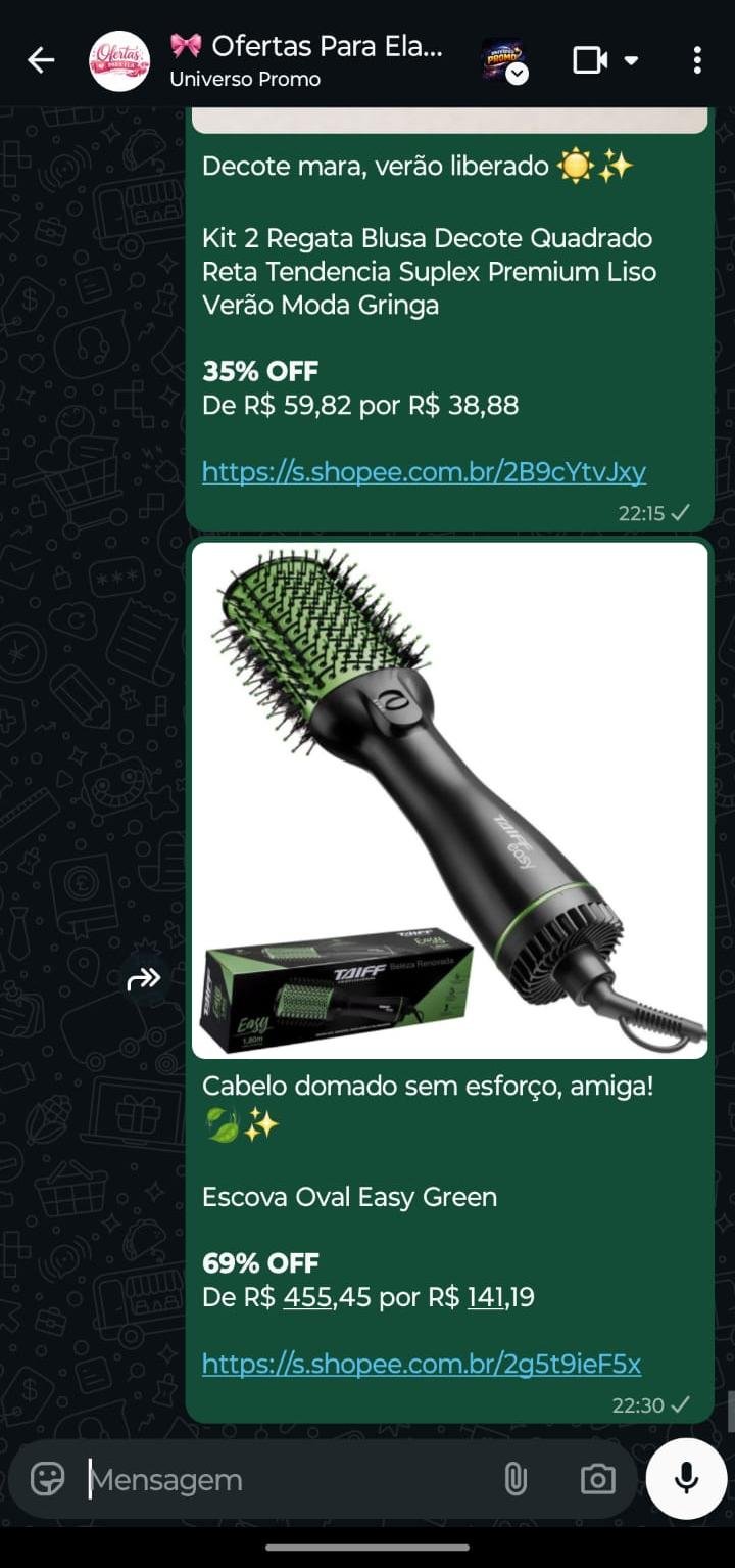 Oferta de uma escova de cabelo no WhatsApp, com imagem, preço e link.